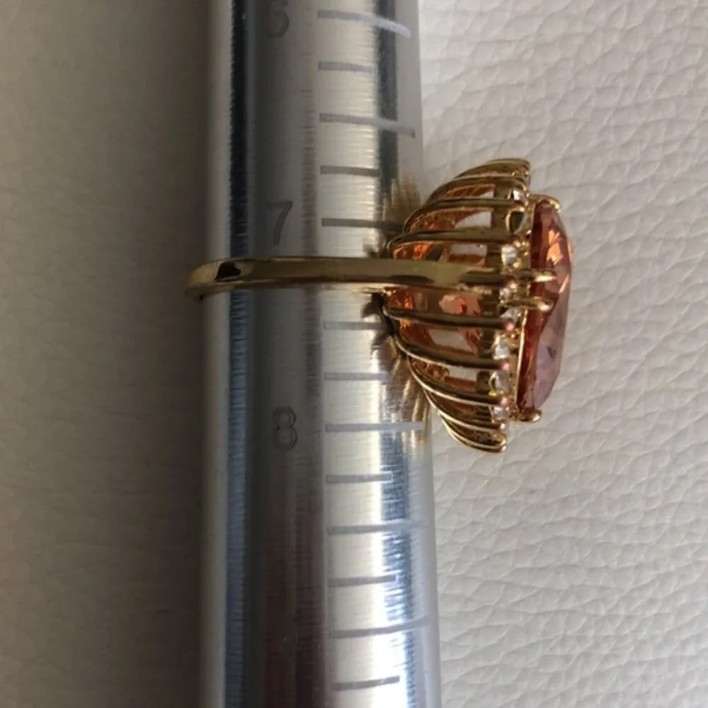Cocktail Ring Gold Plated w Round Champagne Stone & Surround CZ Stones Sz.7.25